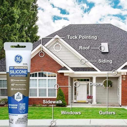 GE Advanced Silicone Caulk for Window & Door, White, 2.8 fl oz Tube, 1 Pack - 100% Waterproof Silicone Sealant, 5X Stronger Adhesion, Freeze & Sun Proof