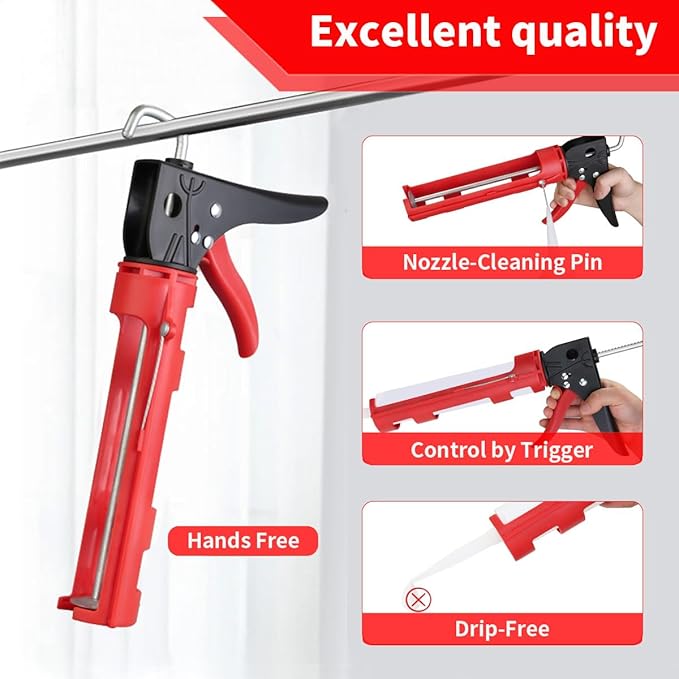 Caulk Gun Kit, Caulking Gun No Drip with 3 Silicone Caulking Tool and 3 in 1 Caulk Remover Tool, 15:1 Thrust Ratio, Professional Hand Caulking Gun Tool for the Seams of Bathroom and Kitchen Sinks