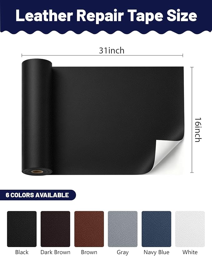 BOUYEER Leather Repair Patch Tape Kit,Self Adhesive Leather Repair for Sofa，Car Seat,Office Chair,Furniture,Jacket,Waterproof Strong Adhesive Vinyl Repair Kit. 16 in x 31 in,Fine Grained Black