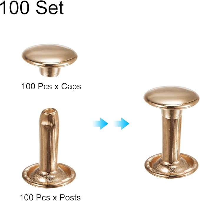 HARFINGTON 100 Sets Double Cap Leather Rivets, 9x12mm Round Cap Tubular Metal Studs Leather Crafting Rivets for Fabric Belt Pet Collar Boot Bag Repair and Decoration, Light Gold