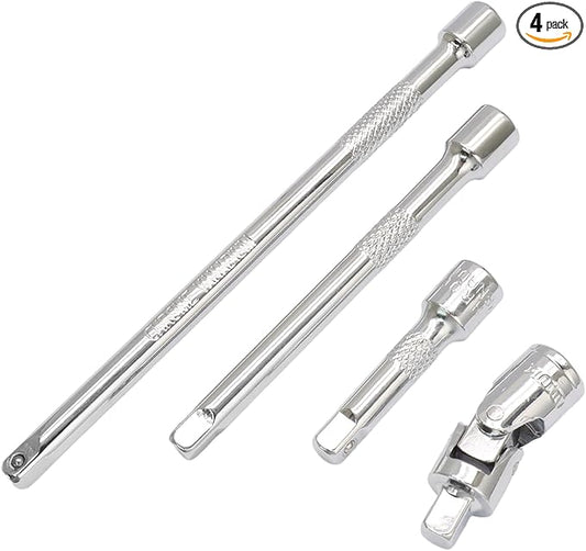 4 Pcs 1/4 Inch Socket Extension Set, CR-V Ratchet Extension Set Include 2, 4, 6 Inch Bars and 1/4" Universal Joint Socket for Ratchets and Torque Wrenches, Ideal for Repair, DIY