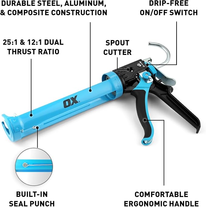 OX 10 oz Caulk Gun No Drip On-Off Switch - Dual Thrust 25:1 or 12:1 Switch - Adhesive Gun with Spout Cutter and Seal Punch OX-T046504