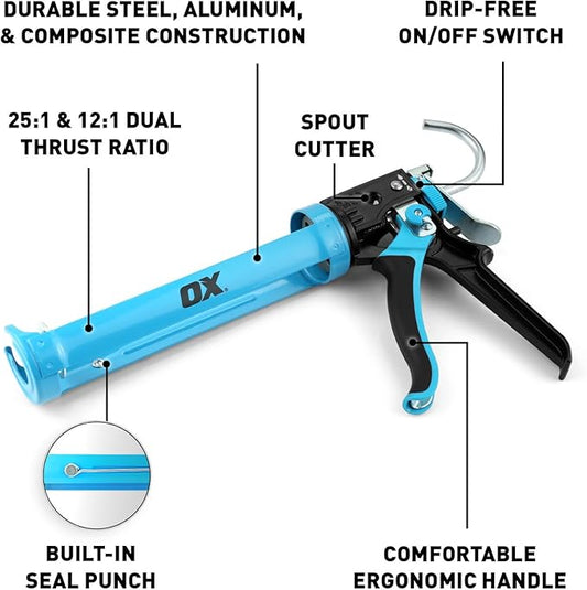 OX 10 oz Caulk Gun No Drip On-Off Switch - Dual Thrust 25:1 or 12:1 Switch - Adhesive Gun with Spout Cutter and Seal Punch OX-T046504