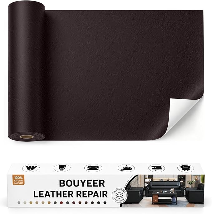 BOUYEER Leather Repair Patch Tape Kit,Self Adhesive Leather Repair for Sofa，Car Seat,Office Chair,Furniture,Jacket,Waterproof Strong Adhesive Vinyl Repair Kit. 17 in x 79 in,Fine Grained Dark Brown