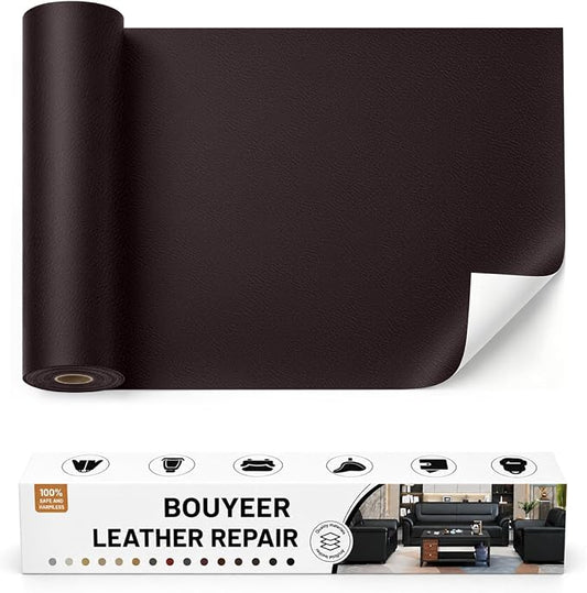 BOUYEER Leather Repair Patch Tape Kit,Self Adhesive Leather Repair for Sofa，Car Seat,Office Chair,Furniture,Jacket,Waterproof Strong Adhesive Vinyl Repair Kit. 16 in x 31 in,Fine Grained Dark Brown