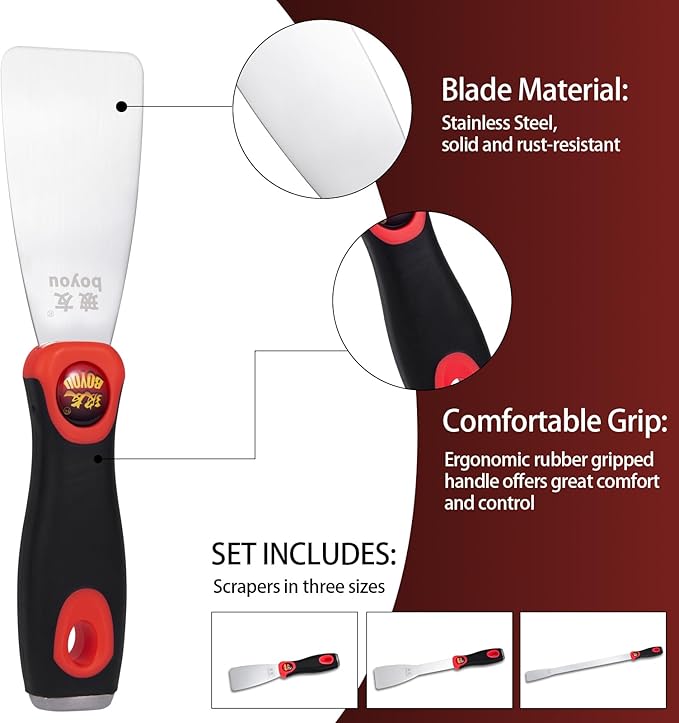 JL&LOVE 3-Piece Windshield Removal Scraper Set, Stainless Steel Putty Knives with Ergonomic Handle, Multi-Size Scraper Tools for Auto Glass Adhesive, Decal, Caulk, Paint, Sticker Removal