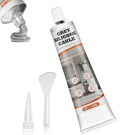 Gray Caulk, No Shrinkage or Cracking, Waterproof Gray Silicone Caulk for Bathroom, Kitchen, Shower, Bathtub, Toilet, Sink, Window and Door, with Masking Tape, 100ml