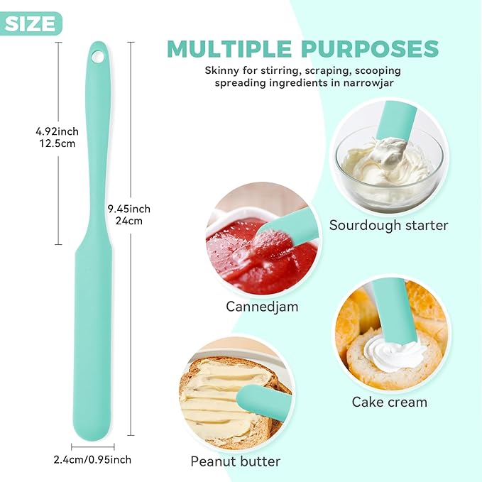 Silicone Jar Spatula Set of 4, Long Handle Skinny Spatula and Spurtle for Sourdough Starter, Flexible Jar Scraper for Peanut Butter, Jam, Icing, Cream with No Batter Left Behind (4, Green)