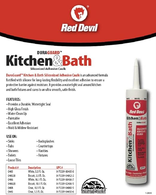 Red Devil 0408 Duraguard Kitchen & Bath Siliconized Acrylic Caulk, 10.1 oz., Clear, 12 Pack, Made in USA