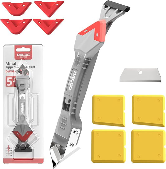 5 in 1 Caulking Tool with 5 Silicone Pads and 4 Glass Glue Corner Scrapers, Caulk Remover Tool with Replacement Blades and Unclogging Needle, Caulking Removal Tool for Kitchen Bathroom