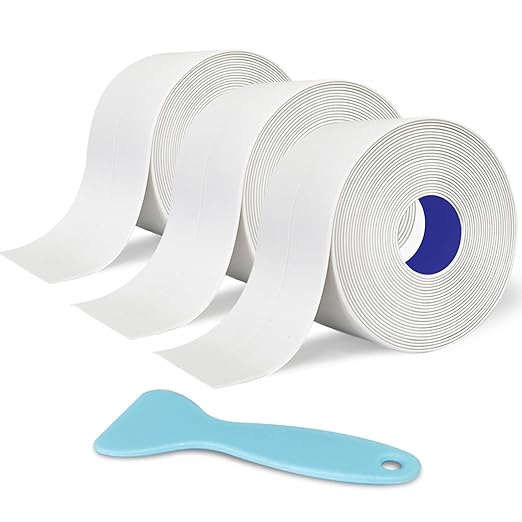 Caulk Tape - 3 Roll Waterproof Bathroom Caulking Tape for Shower, Toilet Edge Protector Bathtub, Sink | Self-Adhesive PVC Caulk Strip Sealant with Tool | Bathroom Decor & Accessories(1.5" x 10.5Ft