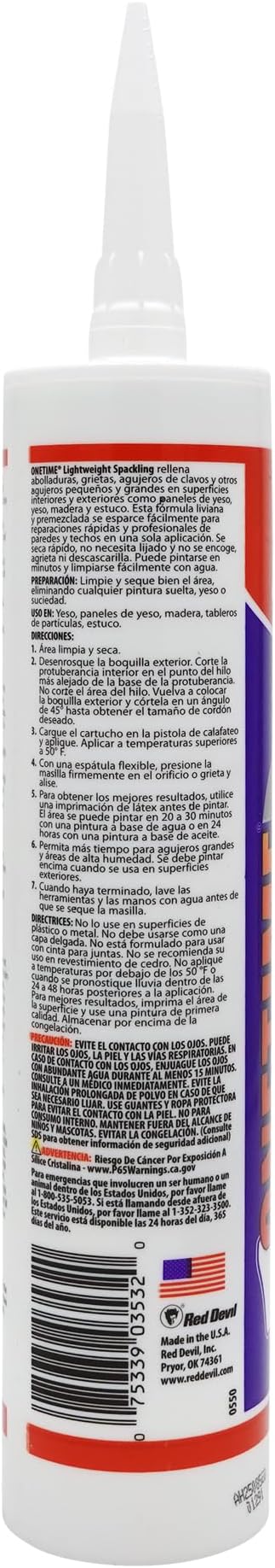 Red Devil 0550 Onetime Lightweight Spackling, 10.1 oz. Cartridge, White, 1 Pack