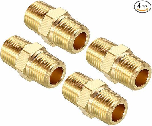 Pack of 4, 1/8" MNPT To 1/8" MNPT Solid Brass Hex Nipple Hose Connectors, Male Pipe Adapter for Pipe Leak Repair, Bathroom Remodeling, Tool Extension, Compression