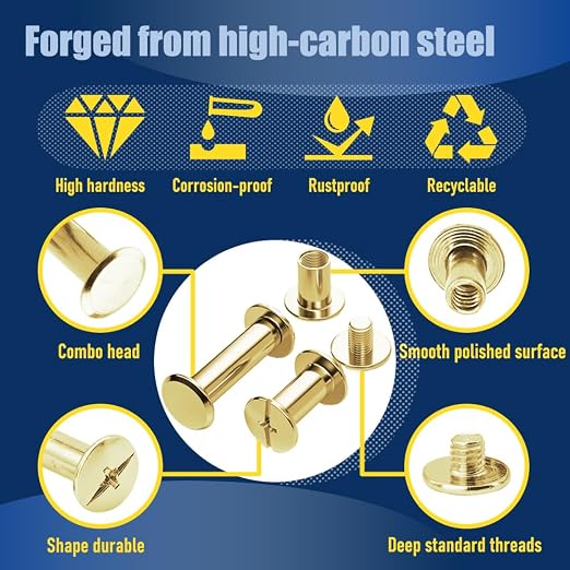 170 Sets Gold Chicago Screws Leather Rivets Kit, 8 Sizes (M5*4,5,6,8,10,12,15,18) & 3 Screw Lengths (M4*3,4,5) for Belts, Bookbinding, DIY Leather (Gold)