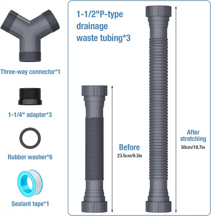 NiHome Flexible P-Trap Drain Kit for Double Kitchen Sink, Universal 1-1/2" or 1-1/4" Wastewater Drainage Pipe with Sealing Tape, Expandable Sink Waste Discharge Tubing for Garbage Disposal (Grey)