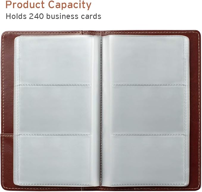 Sooez Leather Professional Business Card Book Holder Organizer, 240 Capacity Credit Card Booklet, PU Name Cards Holder Storage File for Men Women, 7.7"x 4.5" x 0.7", Brown