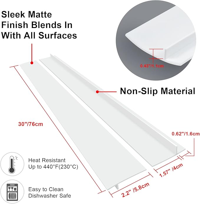 Silicone Stove Counter Gap Cover (2 Pack, 30in × 2.25in), Trim-to-Fit Kitchen Gap Filler, Heat Resistant Stove Gap Cover for Counter, Oven, Washer & Dryer – Easy Clean, Non-Slip, White