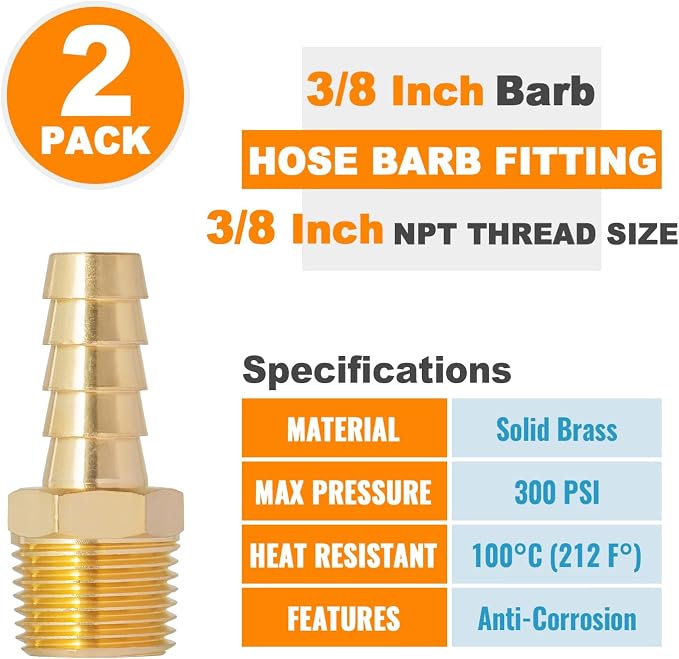 SUNGATOR 3/8'' NPT Brass Hose Barb Fittings, 3/8'' NPT Male Thread to 3/8 Inch Barbed Air Hose Fittings, 3/8 Inch Brass Air Line Repair Connectors for Compressor, Fuel, Oil (2-Pack)