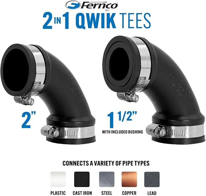 Fernco 2" Flexible PVC 90-Degree Elbow Includes Optional 1.5" Reducer Bushing for DWV Cast Iron, Steel and Plastic Pipe Connections
