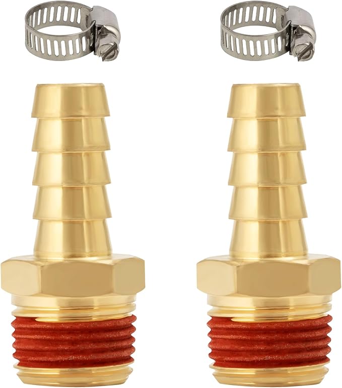SUNGATOR 2-Pack 3/8'' Air Hose Barb Fittings, Brass 3/8 Inch NPT Male Barbed Air Hose Repair Kit with Sealant, 3/8'' Barbed Gas Line Repair Brass Fittings with 2 Pcs Clamps