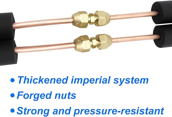 2 Pieces AC Copper Pipe Extension Joint Connectors 1/4" Brass Flare Fitting Nuts Butt Copper Tube Fitting with Flare Nut