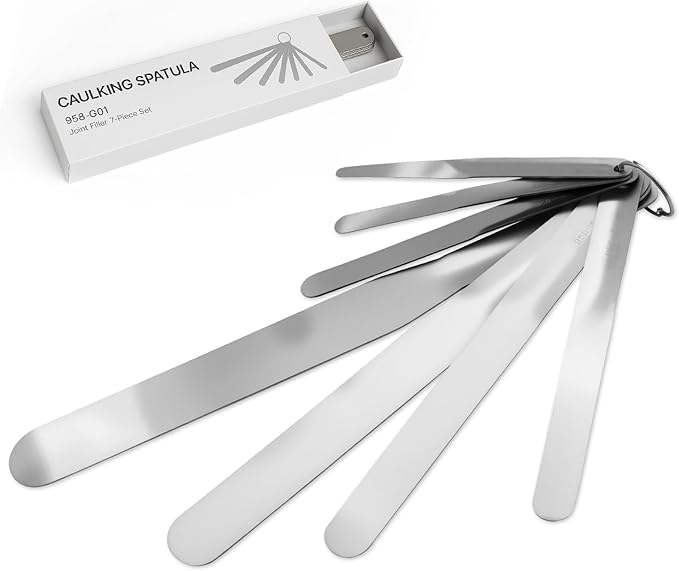 958-G01 7-Piece Caulking Spatula Tool Set, Stainless Steel Streamlined Squeegee & Fixed Round Head for Caulk and Grout, Widths 3/8" to 1-1/2" for Tub, Tile, Countertop with Storage Ring
