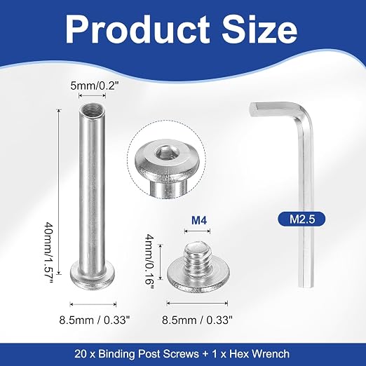 PATIKIL M4x4mm Hex Chicago Screws 5x40mm, 20Pcs 304 Stainless Steel Metric Hex Drive Socket Cap Binding Post Screw Posts for Scrapbook Leather Belt Album Furniture Repair, Silver