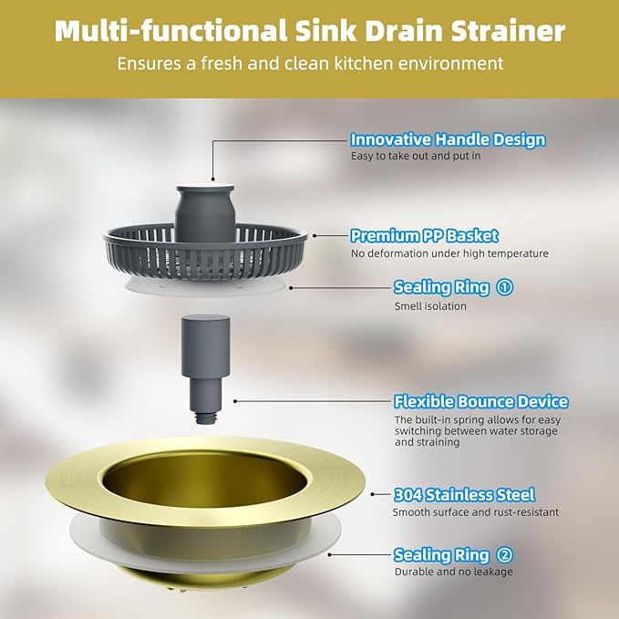 Hibbent Upgraded 3 in 1 Kitchen Sink Drain Strainer and Stopper Combo, Stainless Steel Metal Pop Up Sink Stopper, 3 Anti-Clogging Basket Strainers for US Standard 3-1/2 Inch Drain, Brushed Gold