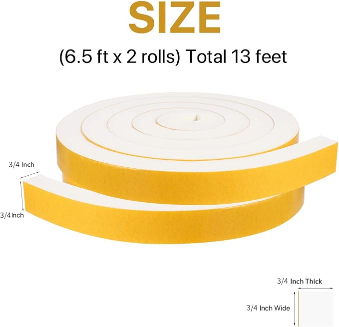 Air Conditioner Foam-2 Rolls, 3/4 Inch W X 3/4 Inch T Total 13 Feet L, Open Cell Foam Insulation Weather Seal Adhesive Foam Headband for Face Shield(6.5ft x 2 Rolls)