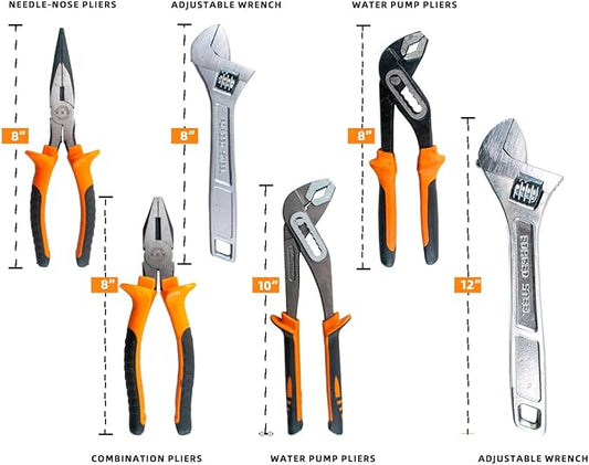 6-Piece Large Pilers and Wrench Set,8" & 10" Groove Joint Pliers,8" & 12" Adjustable Wrench with 8 Inch Long Nose and Lineman's Pliers for Home Use and DIY Project