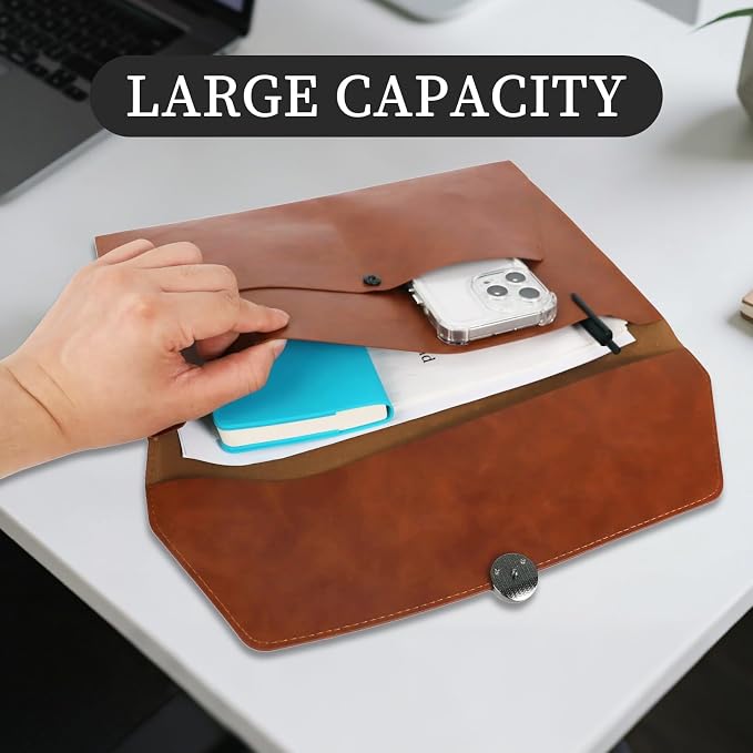 MultiBey PU Leather A4 Document Holder File Organizer with Snap Closure, Waterproof/Water‑Resistant A4 & Letter Size Envelope Folder 13 x 9.5 in - Holds up to 100 Sheets (Amber Brown)
