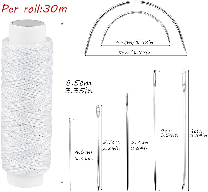 Ftyiwu Waxed Thread, Upholstery Needle and Thread 32 Yards with 7PCS Hand Sewing Needles for Home Upholstery Carpet Canvas Repair Leather Sewing (White)