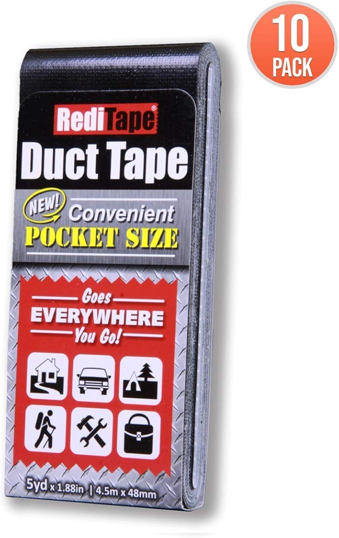 Travel Size Pocket Duct Tape 10-Pack | 1.88 inches x 5 Yards per Flat Pack (10-Pack, Black)