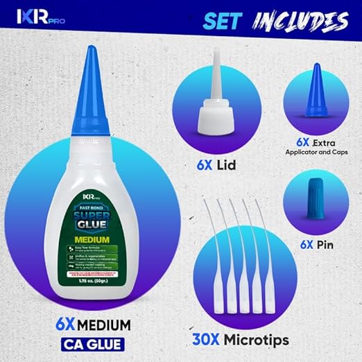 CA Glue Medium Viscosity Kit (6x1.75 oz.) Cyanoacrylate Glue, Super Glue for Everyday Repairs, Woodworking, Plastic, Ceramic, and DIY Crafts, Quick-Drying Multi-Purpose Adhesive with Easy Application