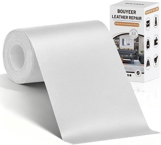 BOUYEER Leather Repair Patch Tape Kit,Self Adhesive Leather Repair for Sofa，Car Seat,Office Chair,Furniture,Jacket,Waterproof Strong Adhesive Vinyl Repair Kit. 4 in x 79 in,Fine Grained White