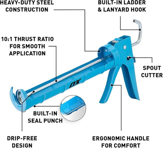 OX 10 oz Drip Free Caulk Gun - 10:1 Thrust Ratio Caulking Gun Tool with Seal Punch and Spout Cutter for Silicone - OX-T046205