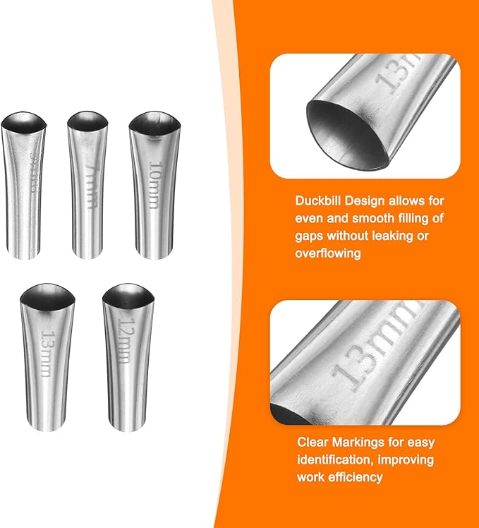 HARFINGTON 5pcs Caulking Nozzle Applicator 7/9/10/12/13mm Caulking Finisher Kit Stainless Steel Sealant Finishing Tool Kit Reusable Caulk Nozzle for Kitchen Bathroom