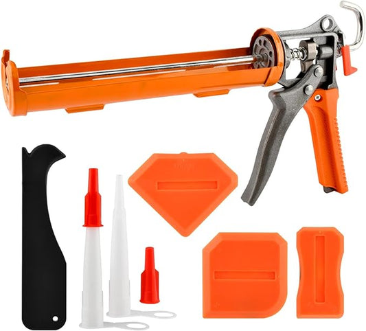 Caulk Gun and Caulk Scraper Kit, Caulking Gun with Caul-k Remover Tool, Sealant Finishing Tool Grout Scraper for Caulking/Filling/Sealing(COLOR:Orange)