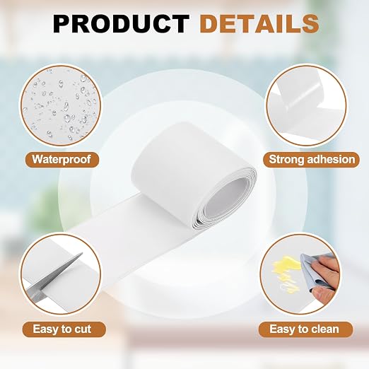 uxcell Caulk Tape Waterproof, 1.5 Inch x 4.92 ft Self-Adhesive Sealant Sealing Strip Caulking Sealant Tape PVC with Tool for Kitchen Sink Toilet Bathroom Bathtub Floor, White