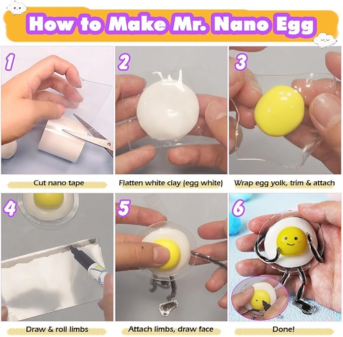 FUNSHOWCASE Nano Tape Bubble Kit with Clay, Marker, 6-Design Guide Squishy Maker Set