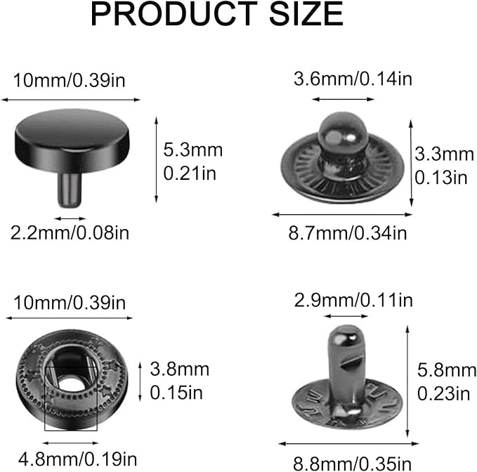 BetterJonny 24 Sets Heavy Duty Leather Snap Fasteners Kit, 10mm Metal Snap Buttons Press Studs Leather Rivets Snaps with 4 Setter Tools for Clothes Bracelet Jackets Jeans Gun Black