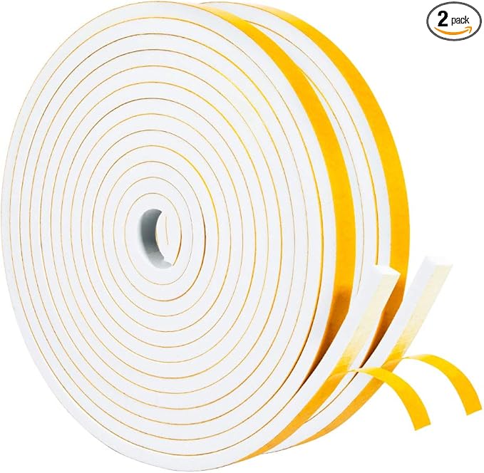 Yotache White Doors Windows Insulation Tape 1/2" x1/4", Foam Weather Stripping Gasket Tape Seal for Draft, Soundproofing, Total 26 Feet Long (2 X 13 Ft Each)