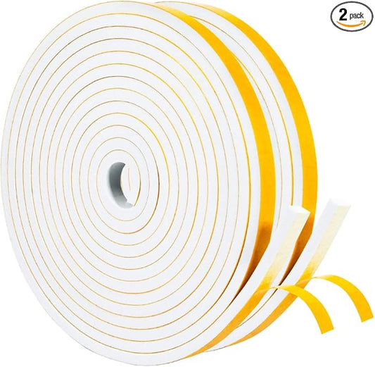 Yotache White Doors Windows Insulation Tape 1/2" x1/4", Foam Weather Stripping Gasket Tape Seal for Draft, Soundproofing, Total 26 Feet Long (2 X 13 Ft Each)