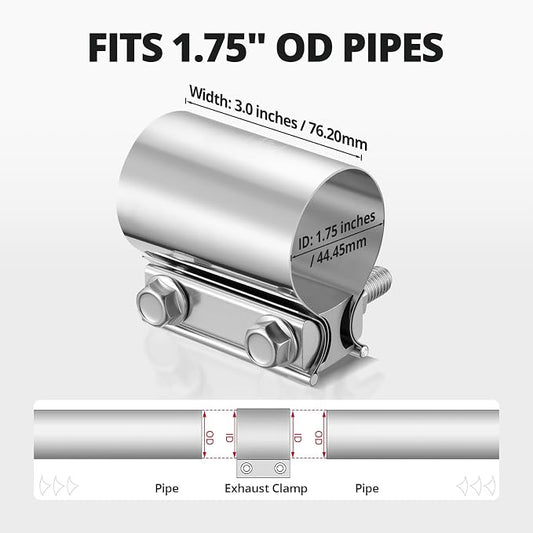 EVIL ENERGY 1.75" Exhaust Clamp, 1 3/4 in Butt Joint Band Clamp Sleeve Coupler Stainless Steel for Pipes, Mufflers, Catalytic Converters (2PCS, 1.75inch)