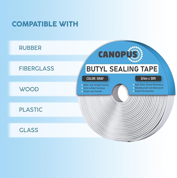 CANOPUS Butyl Seal Tape, Gray, 1/8-in x 3/4-in x 30-ft, Heavy Duty, Waterproof Sealant Putty Tape, Rubber Tape to Seal RV, Boat, Home Pipes and Car Windows Leaks