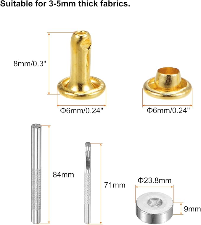 HARFINGTON 100 Sets Leather Rivets 8 x 6mm Metal Double Cap Rivet Snaps Studs Fasteners with 3pcs Setting Tools Rivets for Leather Craft DIY Repair Decoration, Gold Tone