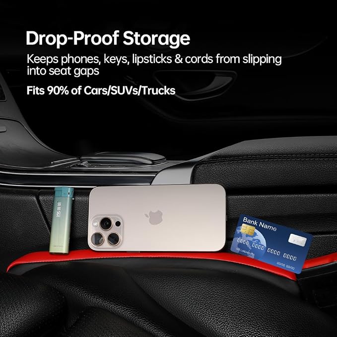 2Pack Leather Car Seat Gap Filler Anti-Drop Console Organizer, Scratch-Resistant Waterproof Easy to Clean, Fits 90% Vehicles Without Blocking Seat Movement (Black&Red)