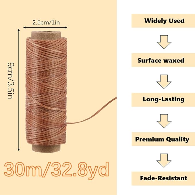 Leather Sewing Waxed, Khaki Waxed Thread for Beginners Leather Craft DIY Supplies, Shoe Repairing, Jewelry Making (32.8 Yards)