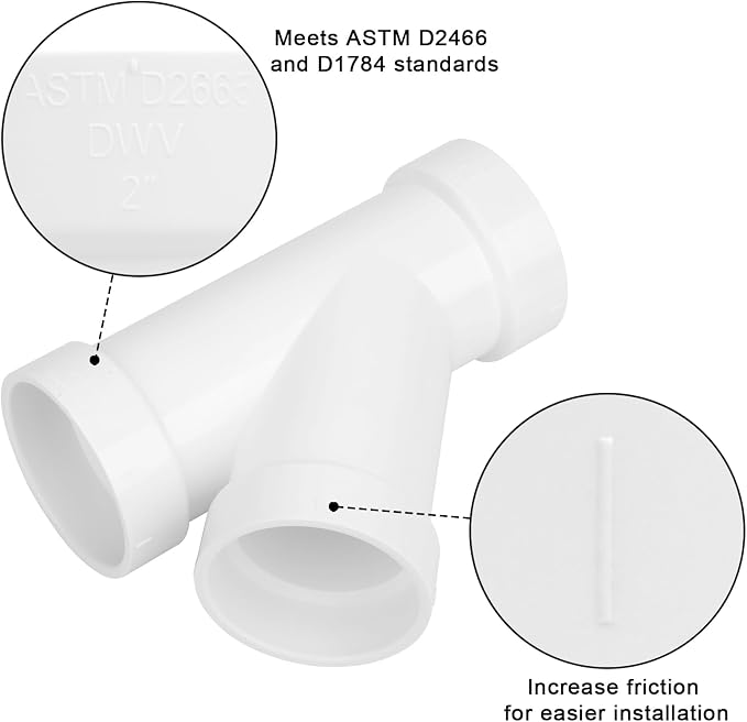 2Pack 2" PVC 45 Degree Wye DWV Pipe Fittings (Socket x Socket x S) SCH40 PVC DWV Sanitary Y-TEE Pipe Fittings Connectors for Drain, Waste, Vent