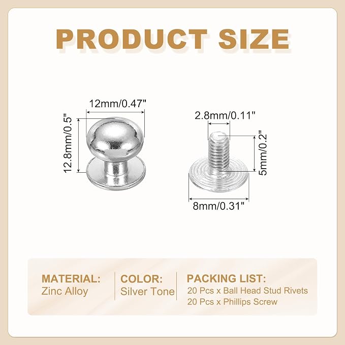 PATIKIL 12 mm Leather Rivets, 20 Sets Ball Head Stud Screw Back Round Head Button Chicago Screw Nipple Stud Rivet for Leather DIY Craft Handbag Belt Repairs, Silver Tone